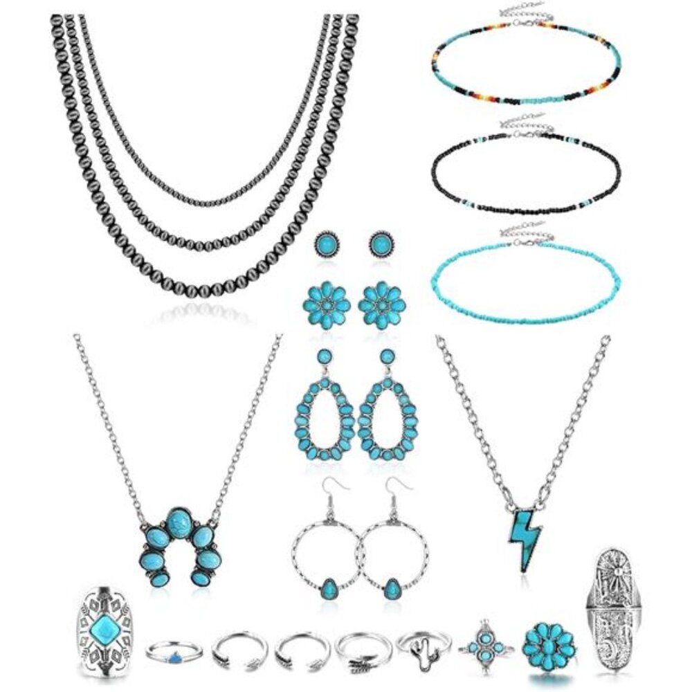 Turquoise Western Jewelry Set Necklace Earrings Bracelet Rings Boho Navajo Pearl